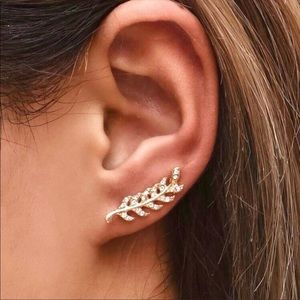 MINIMALIST RHINESTONE GOLD LEAF CRAWLER JACKET STUD EARRINGS